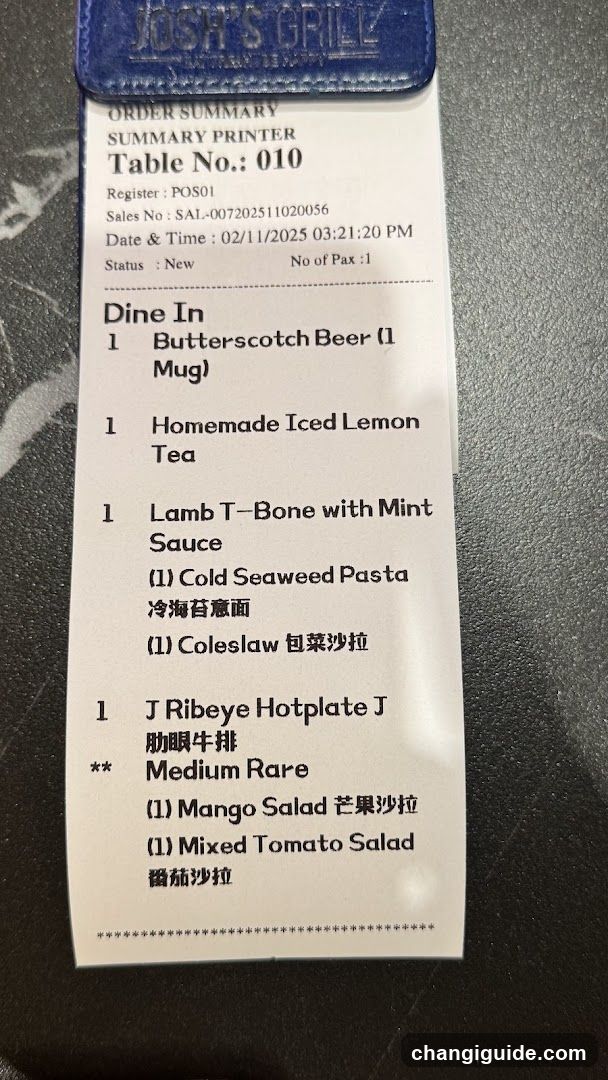 Receipt from Josh's Grill