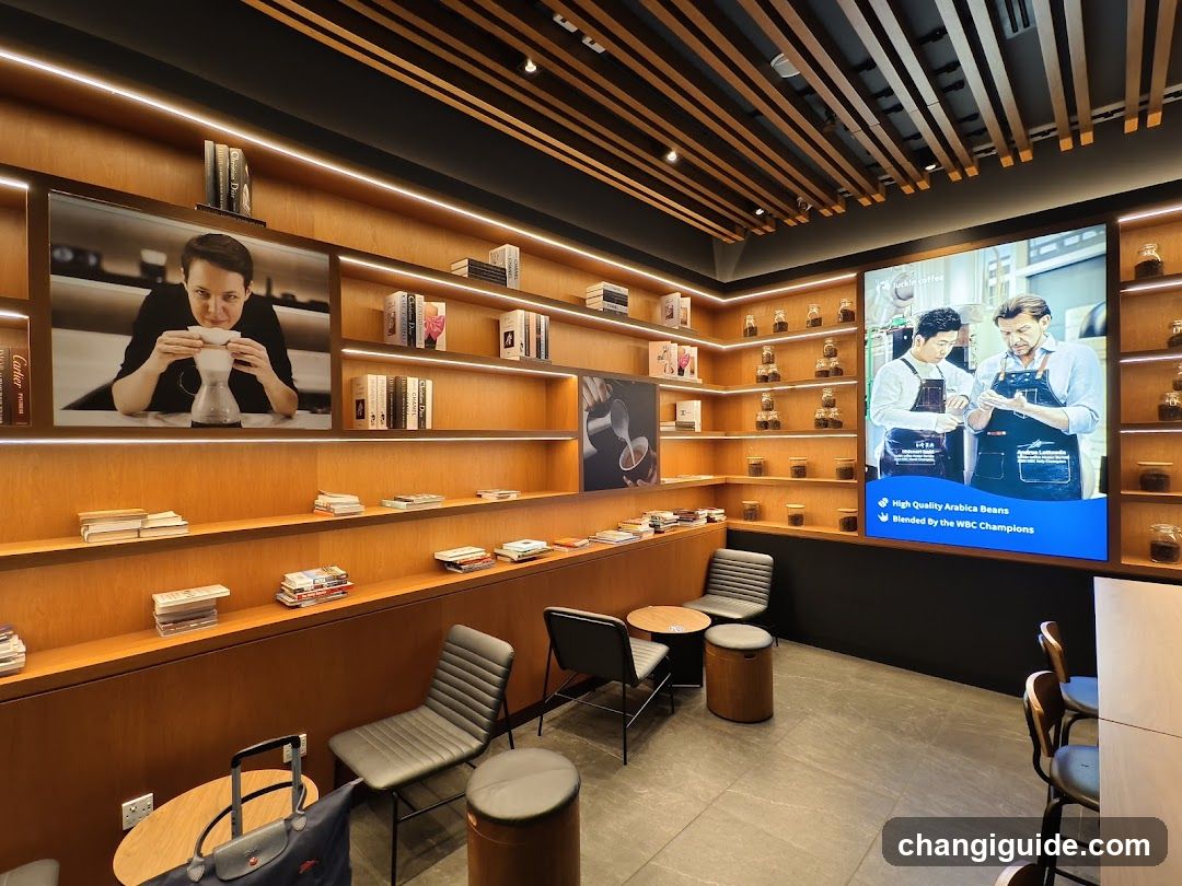 Coffee Shop Interior with Display Screens and Seating Area