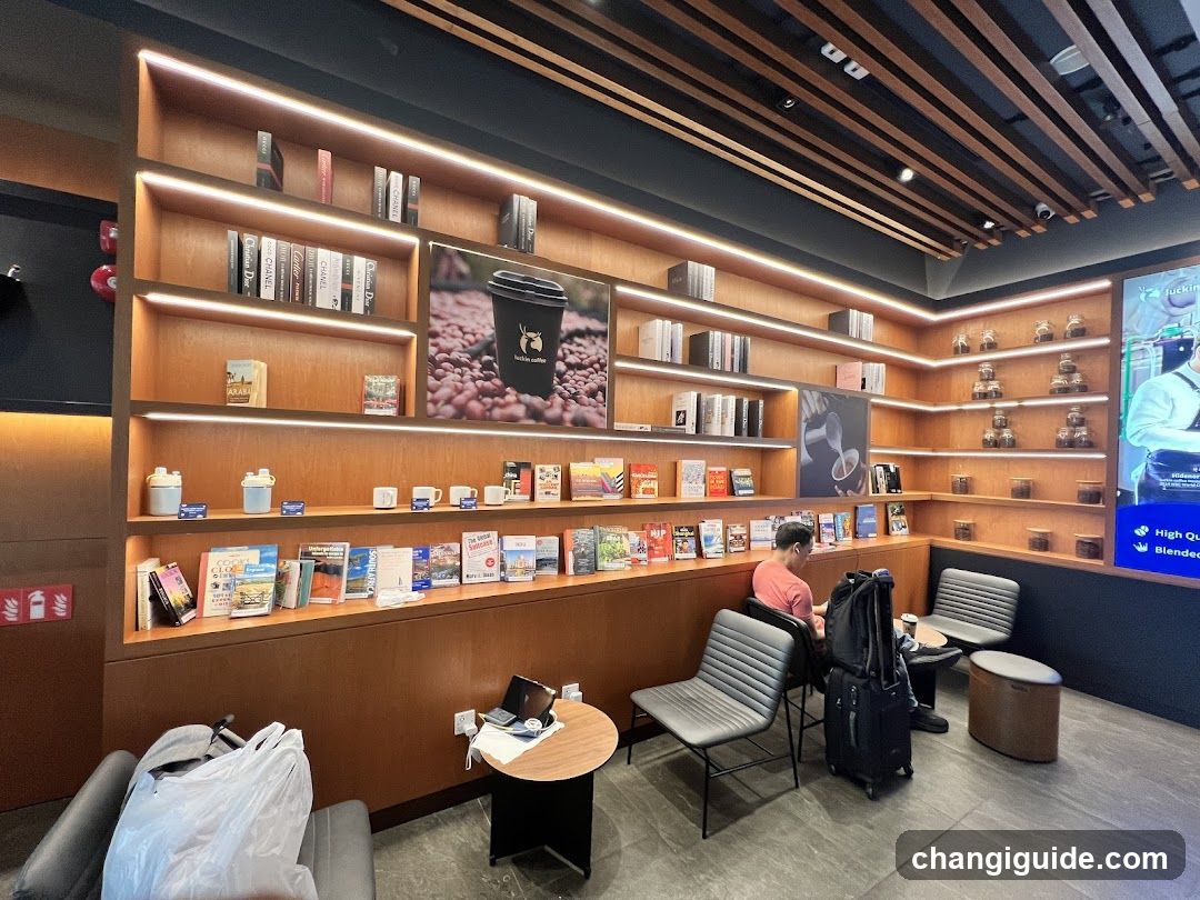 Coffee Shop Interior with Bookshelves and Seating Area