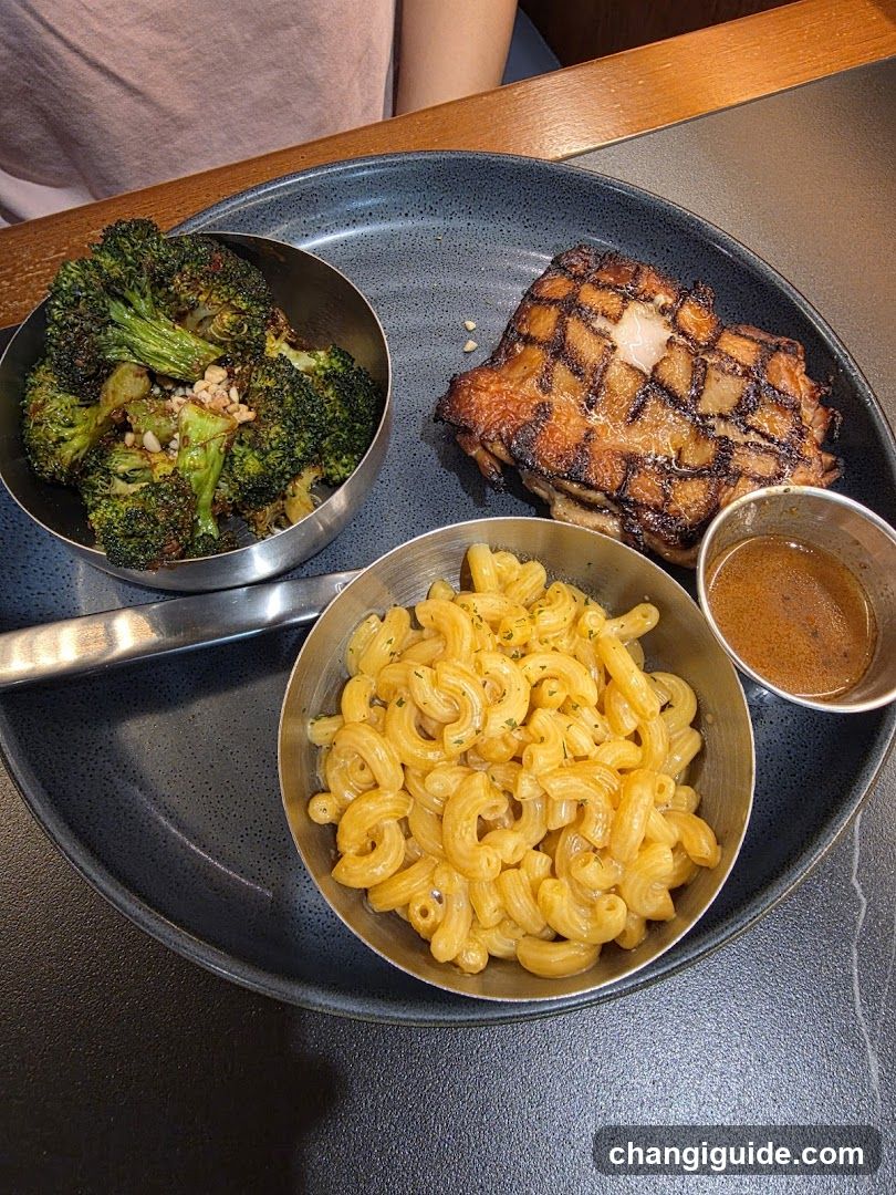 Grilled Pork Chop Meal with Macaroni and Broccoli