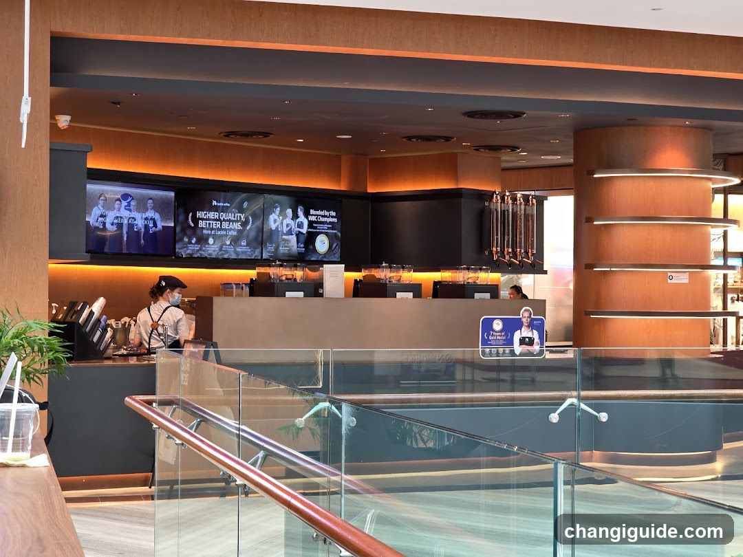 Coffee Shop Interior with Staff and Screens