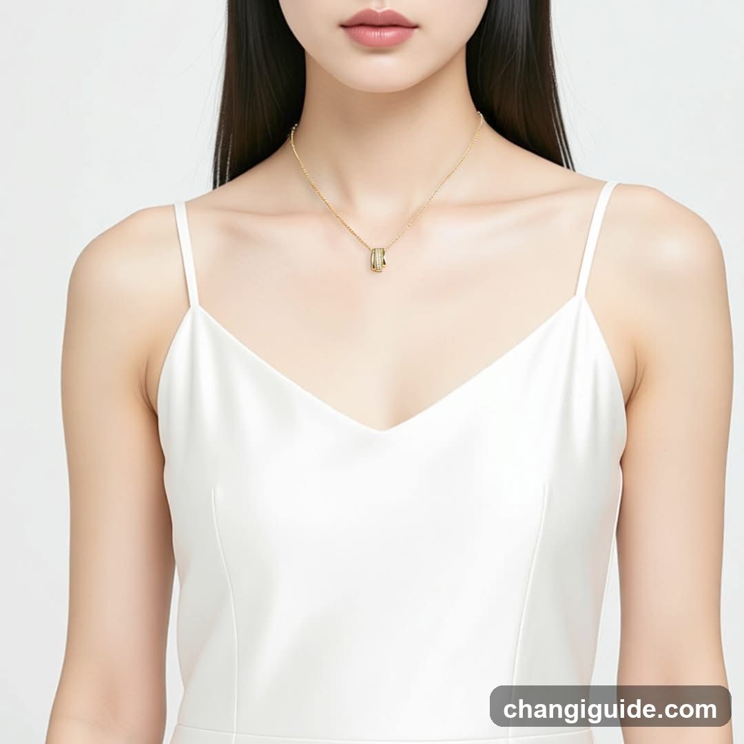 Model wearing white slip dress and gold necklace