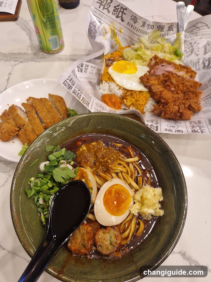 Food Spread with Curry Rice and Ramen
