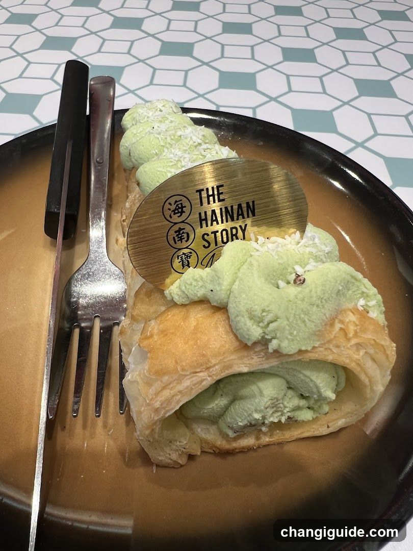 Matcha Ice Cream Pastry with The Hainan Story Sign