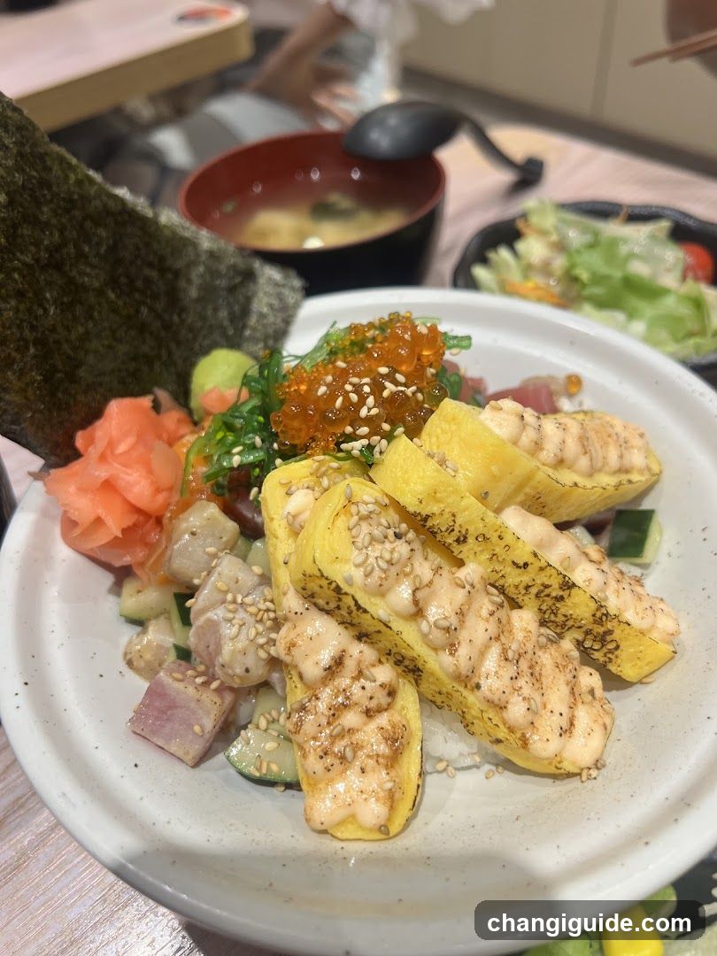 Japanese-style food bowl with egg and salmon