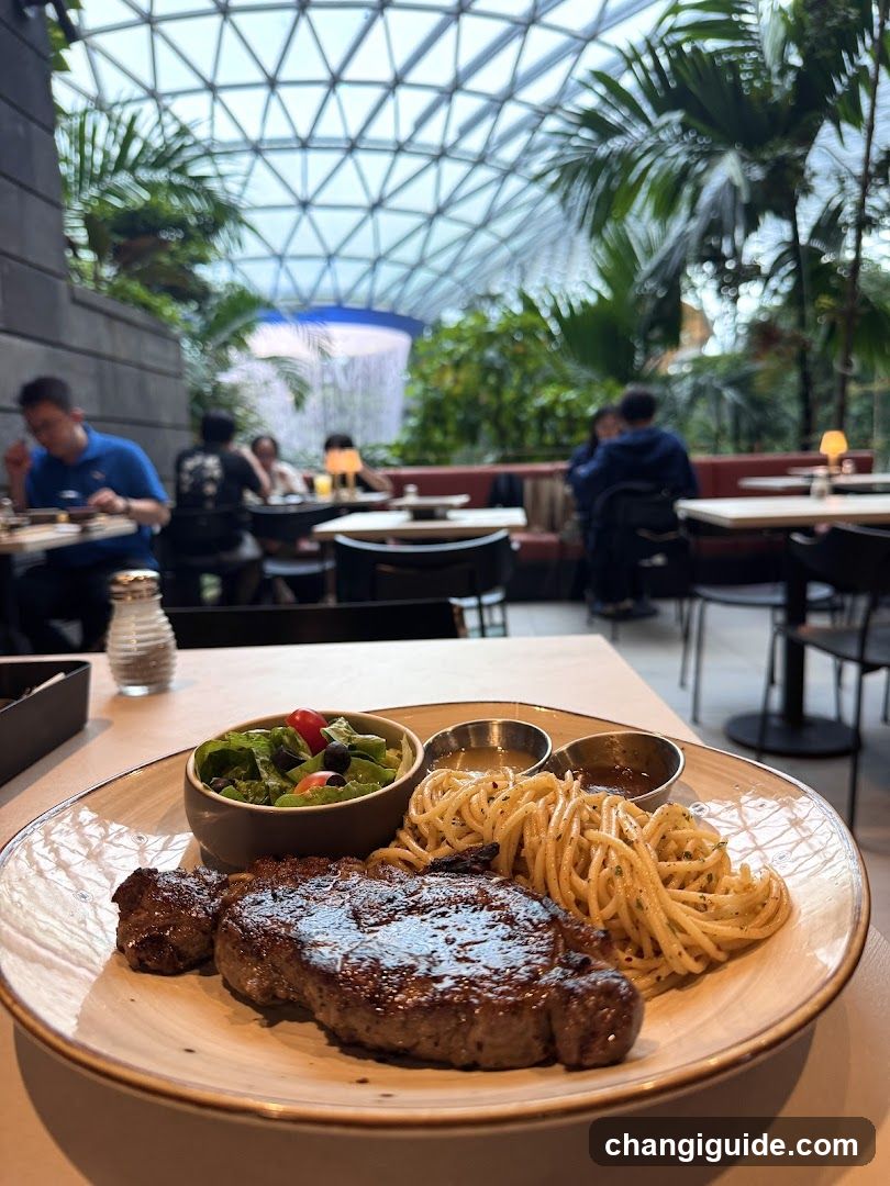 Steak and Pasta Meal in Indoor Dining Area