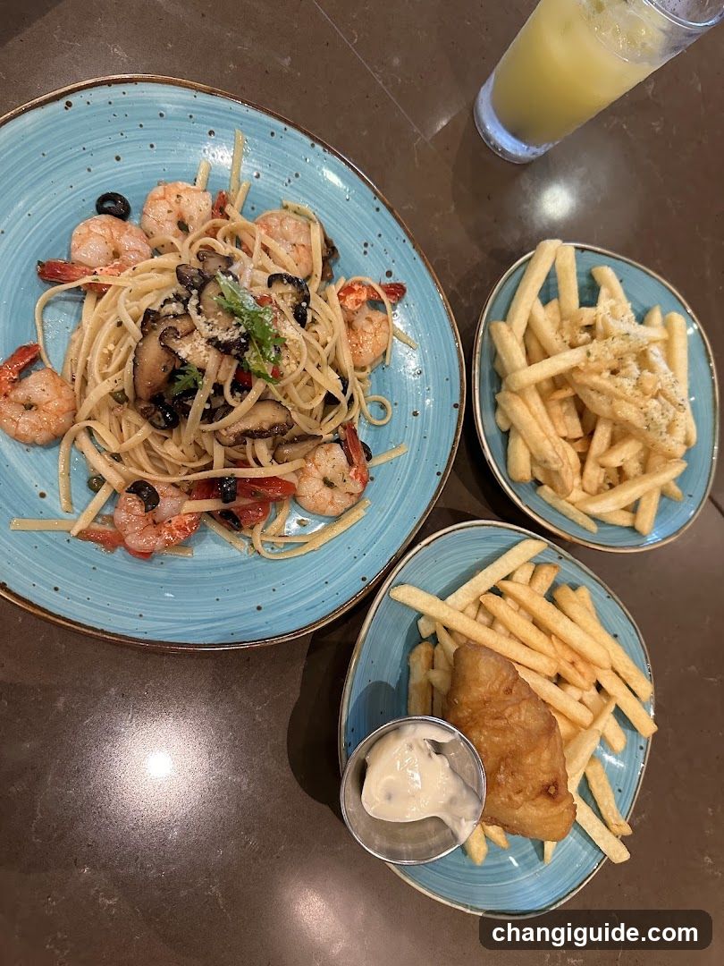 Shrimp Pasta and Fish & Chips Meal