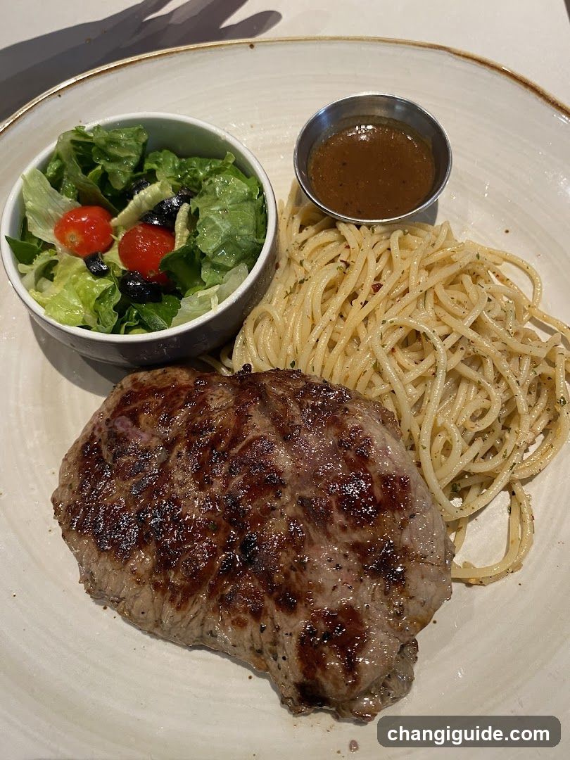 Grilled Steak with Pasta and Salad