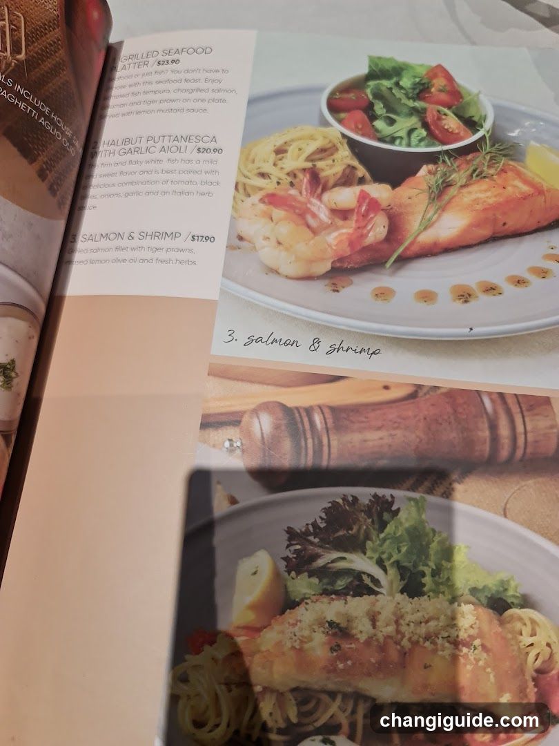 Food Menu Page with Salmon and Shrimp Dish
