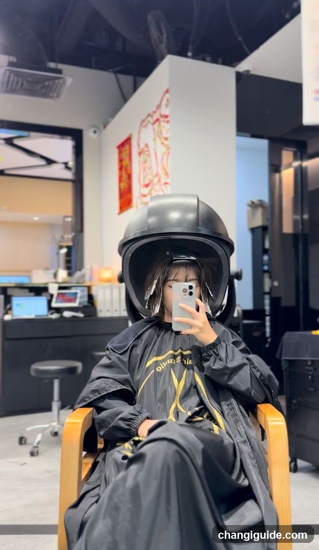 Hair Salon Interior with Customer in Helmet