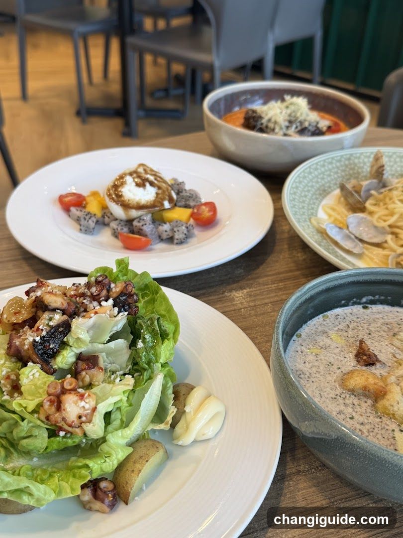 Dining Table with Seafood and Salad Dishes
