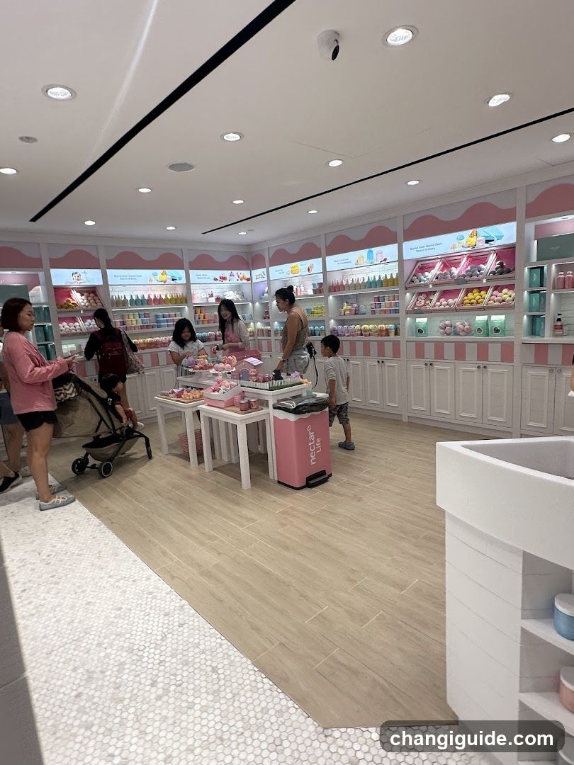 Interior of a brightly lit retail store with pink and white decor, customers browsing products on display tables and shelves.