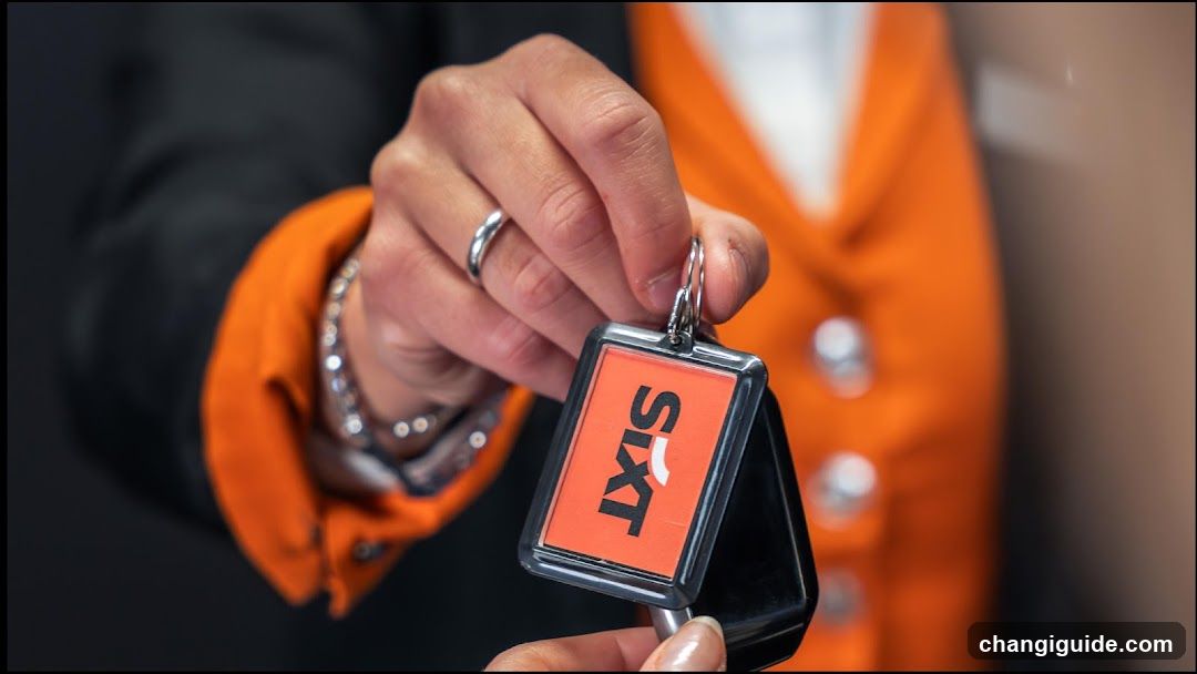A close-up of a hand holding a Sixt car rental key card with an orange label and black frame, attached to a metal ring. The person is wearing an orange blazer and a silver bracelet.
