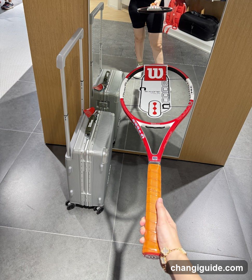 Tennis racket and luggage in store
