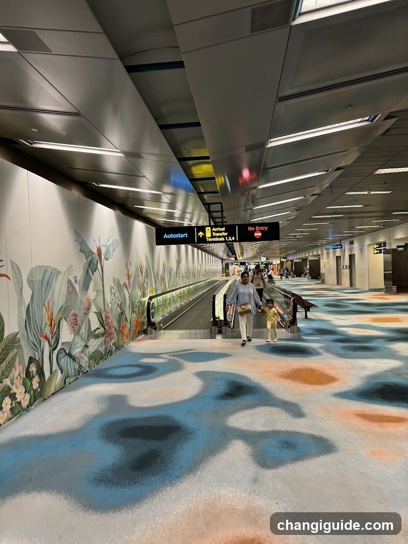 Airport Terminal Corridor with Artistic Wall Mural and Patterned Floor