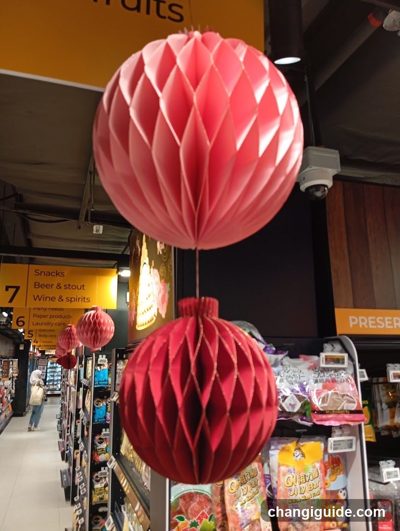 Red Honeycomb Decorations in Store Aisle