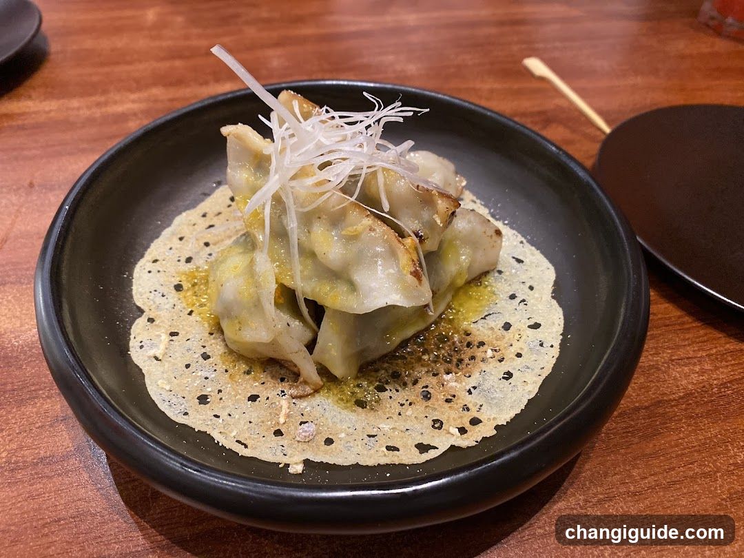 Gyoza with garnish on a black plate