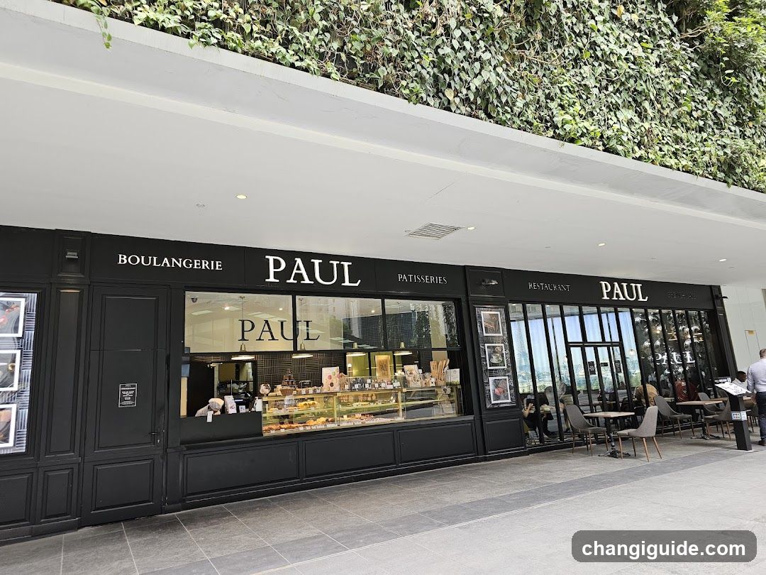 A modern black storefront with large glass windows displaying baked goods and pastries inside. The facade features signage reading 'BOULANGERIE PAUL PASTISERIES' above the entrance, with additional branding visible on the side. Outdoor seating is arranged along the sidewalk under a green wall above.