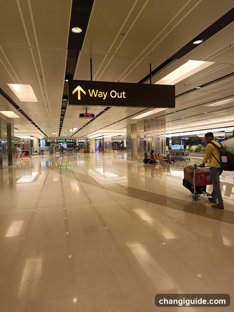 A spacious, brightly lit airport terminal hallway with polished floors reflecting overhead lights. A large black sign above reads 'Way Out' with an upward arrow. In the background, there are rows of yellow and orange seating, luggage carts, and a person pushing a cart loaded with boxes. The area appears quiet and mostly empty.