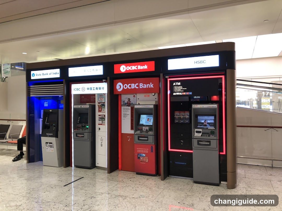 A row of ATM banking kiosks in a public terminal, featuring banks such as State Bank of India, ICBC (China Merchants Bank), OCBC Bank, and HSBC. Each kiosk has distinct branding with illuminated signage above the machines. The floor is tiled, and seating is visible to the left.