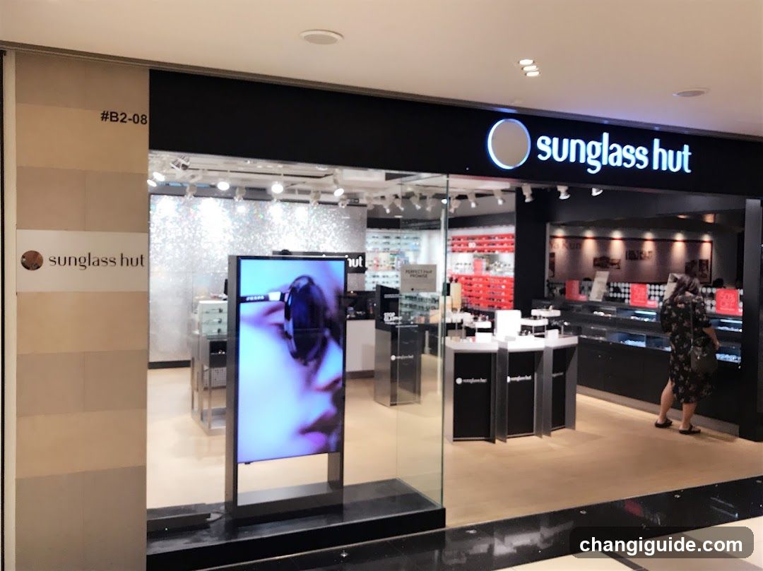 The image shows the exterior of a Sunglass Hut store, featuring its illuminated signage above the entrance. The storefront includes glass windows displaying various sunglasses and accessories inside. A digital screen is visible near the entrance, showcasing an advertisement or product display. Inside, there are multiple display units with neatly arranged products, including red boxes likely containing sunglasses cases. A customer is browsing near the right side of the store.