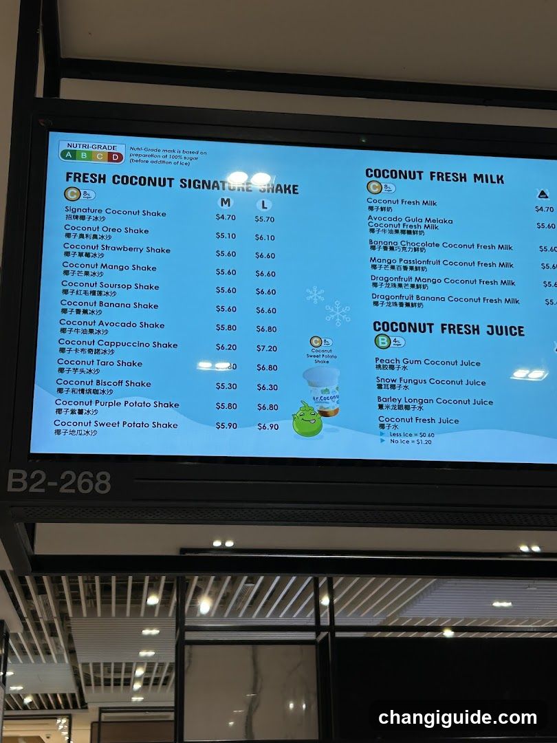 A digital menu board displaying coconut-themed drinks, including signature shakes and fresh milk options with prices in HKD.