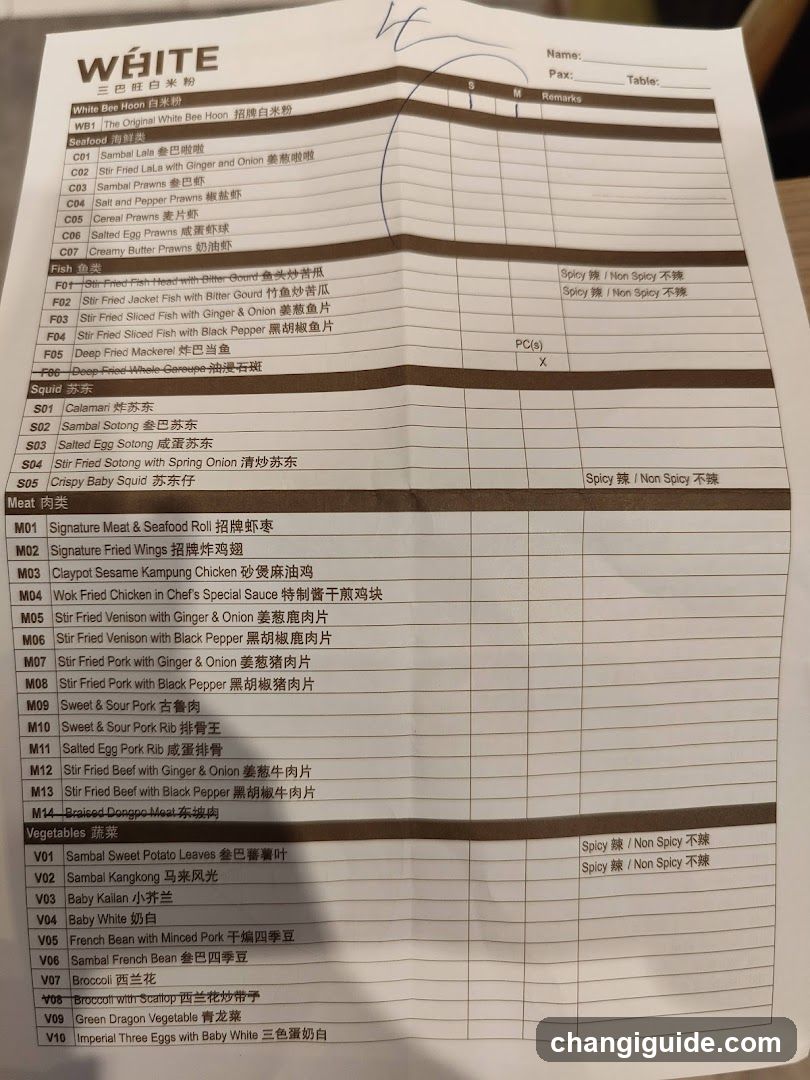 A printed menu from White Bee Hoon, listing various dishes including Sambal Laks, Salt and Pepper Prawns, and signature items like Signature Meat & Seafood Roll.