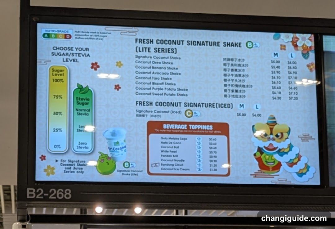 Digital menu display showing coconut-based shakes and toppings with sugar level options, prices, and nutritional info.