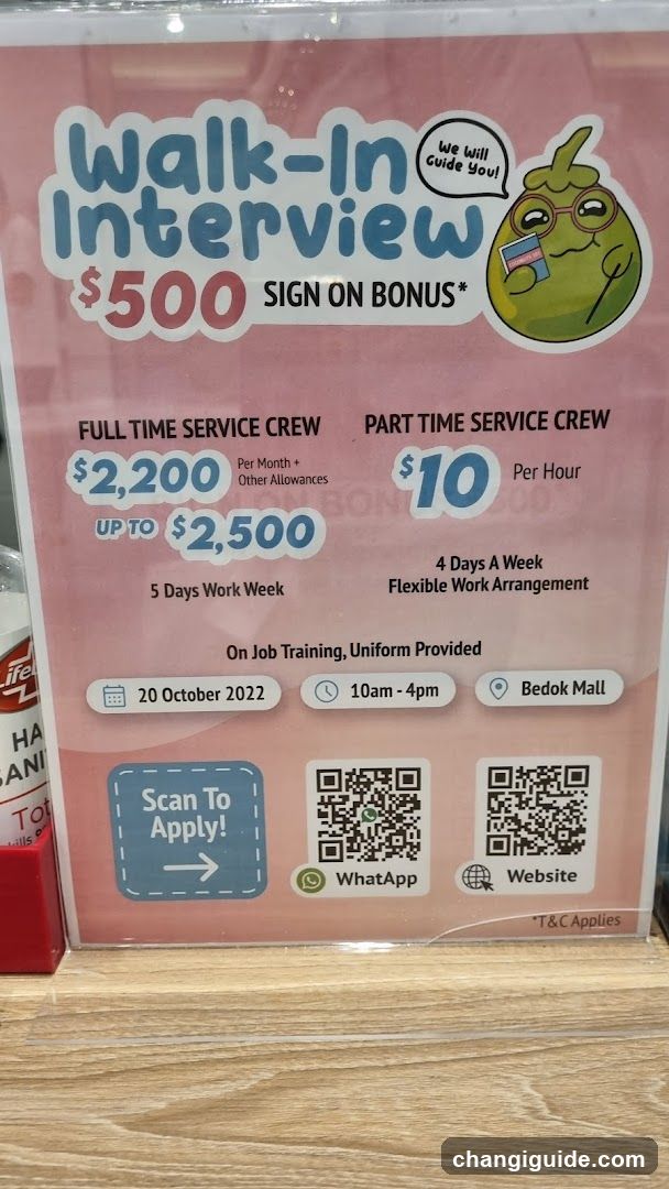 A pink poster advertising walk-in interviews with a $500 sign-on bonus. It lists full-time service crew positions at $2,200 per month (up to $2,500) and part-time roles at $10 per hour. Details include on-job training, uniform provision, 4 days a week work arrangement, and availability from October 20, 2022, between 10am-4pm at Bedok Mall. QR codes for WhatsApp and website application are included.