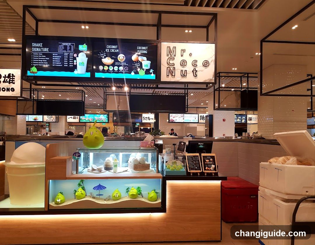Interior view of a modern beverage shop featuring digital menu boards displaying 'Shake Signature', 'Coconut Ice Cream', and 'Coconut Flavouring'. A display case showcases green coconut-themed figurines with beach umbrellas, while stacked white containers and a red cooler are visible nearby.
