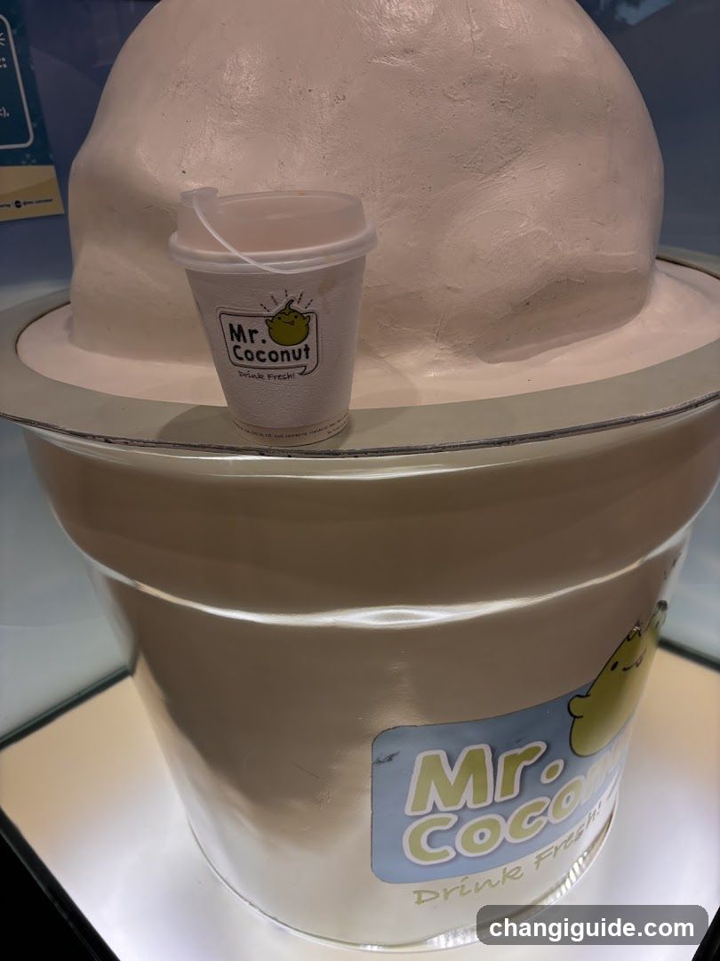 A large, dome-shaped display featuring a white cup with Mr. Coconut branding placed on top of the structure. The base of the display also bears the Mr. Coconut logo and slogan 'Drink Fresh'. The setting appears to be indoors, possibly in a store or promotional area.