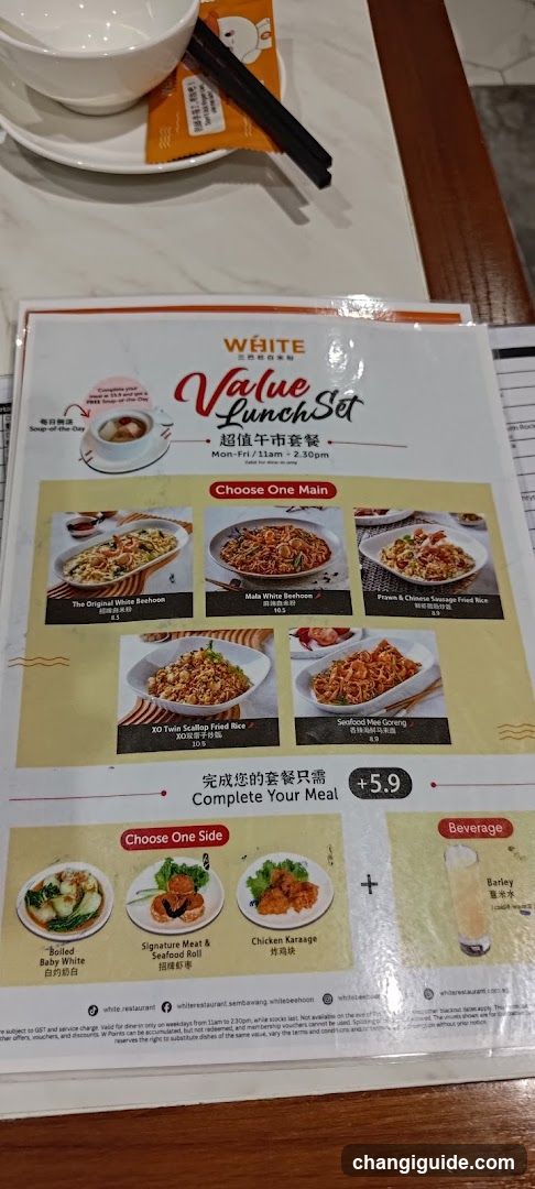 A printed menu page showing a value lunch set with options to choose one main and one side dish, priced at $5.9.