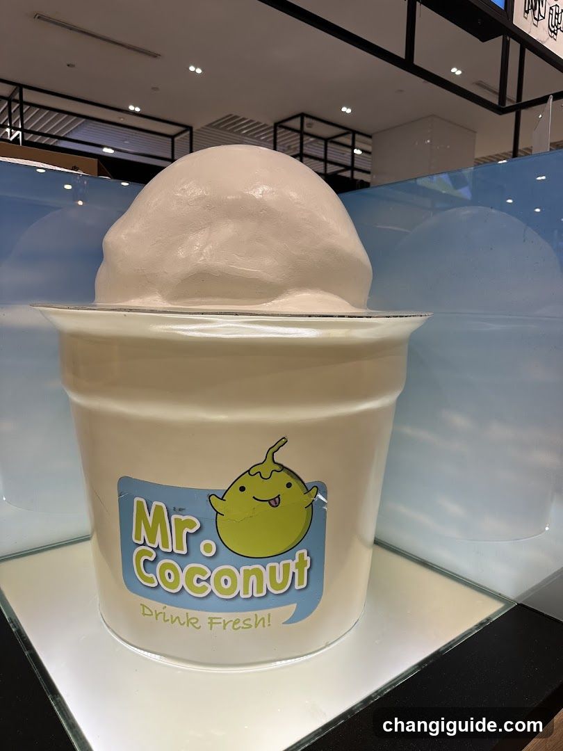 A close-up of a white cup with 'Mr. Coconut' branding and a cartoon coconut character, featuring the slogan 'Drink Fresh!'. The cup is placed on a glass shelf in what appears to be a modern indoor setting, possibly a mall or food court.