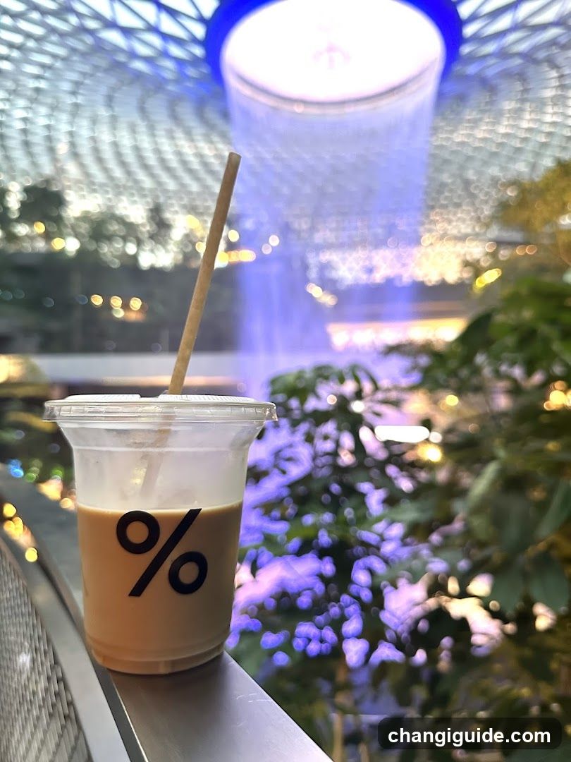 Coffee with indoor waterfall view