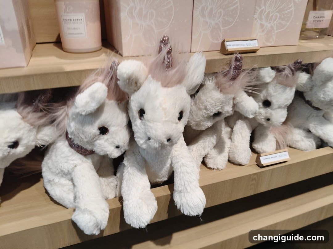 Unicorn plush toys on display shelf