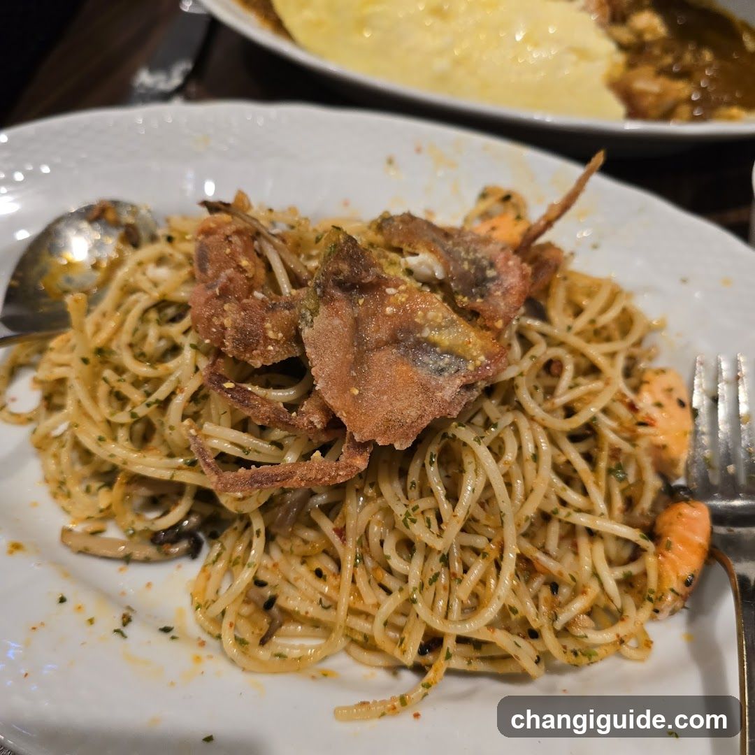 Spaghetti with Fried Crab and Shrimp
