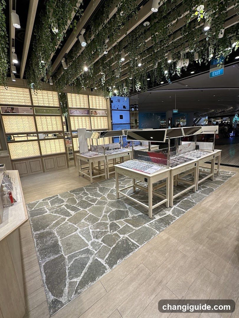 Interior of a jewelry store with hanging greenery and display tables
