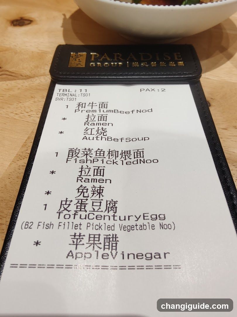 Receipt with Paradise Group Menu Items