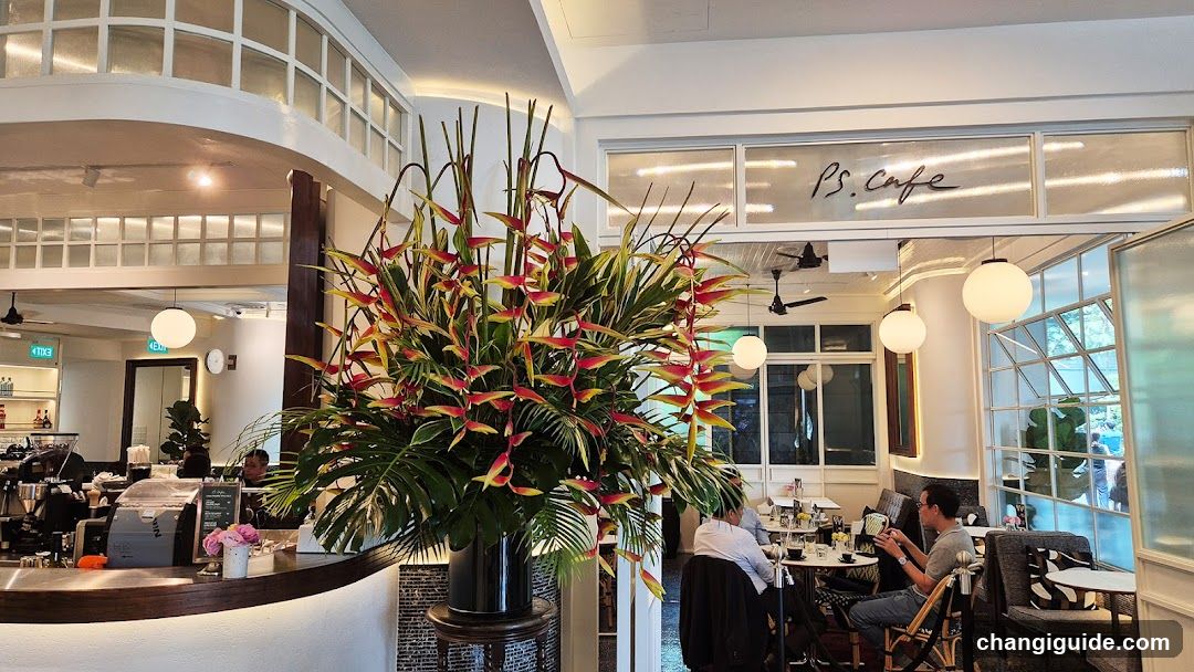 Interior of PS Cafe with floral display