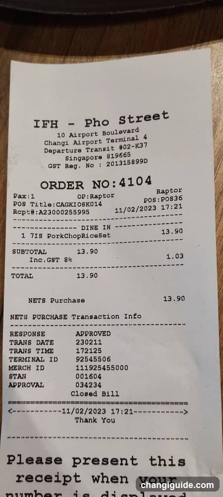 Receipt from IFH - Pho Street