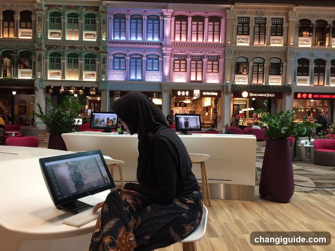 Woman working in a modern indoor mall