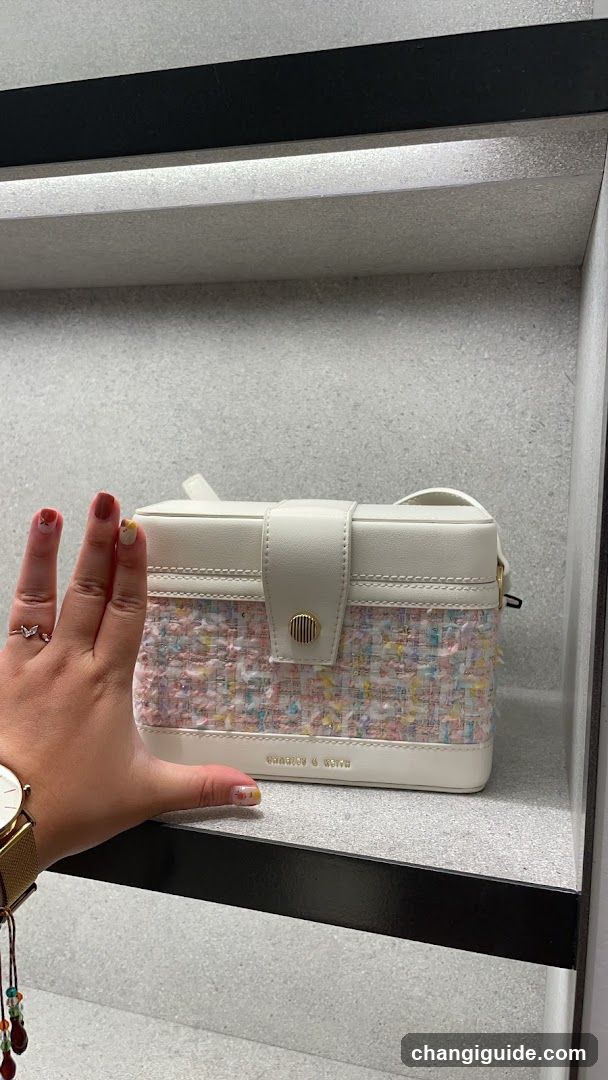 Hand holding a colorful handbag