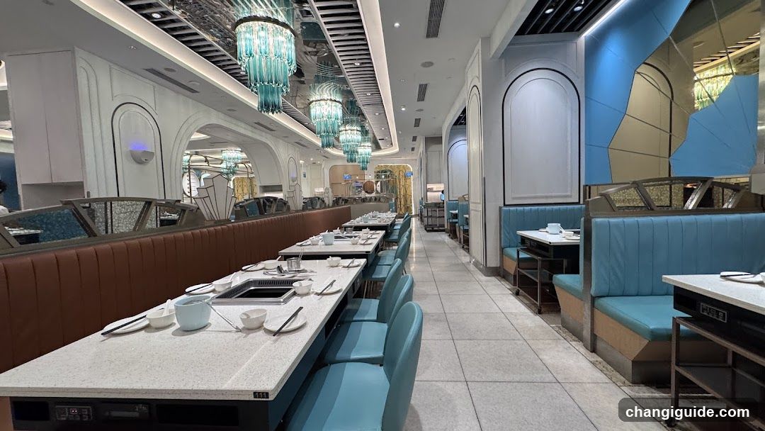 Restaurant Interior with Booth Seating and Decorative Lighting