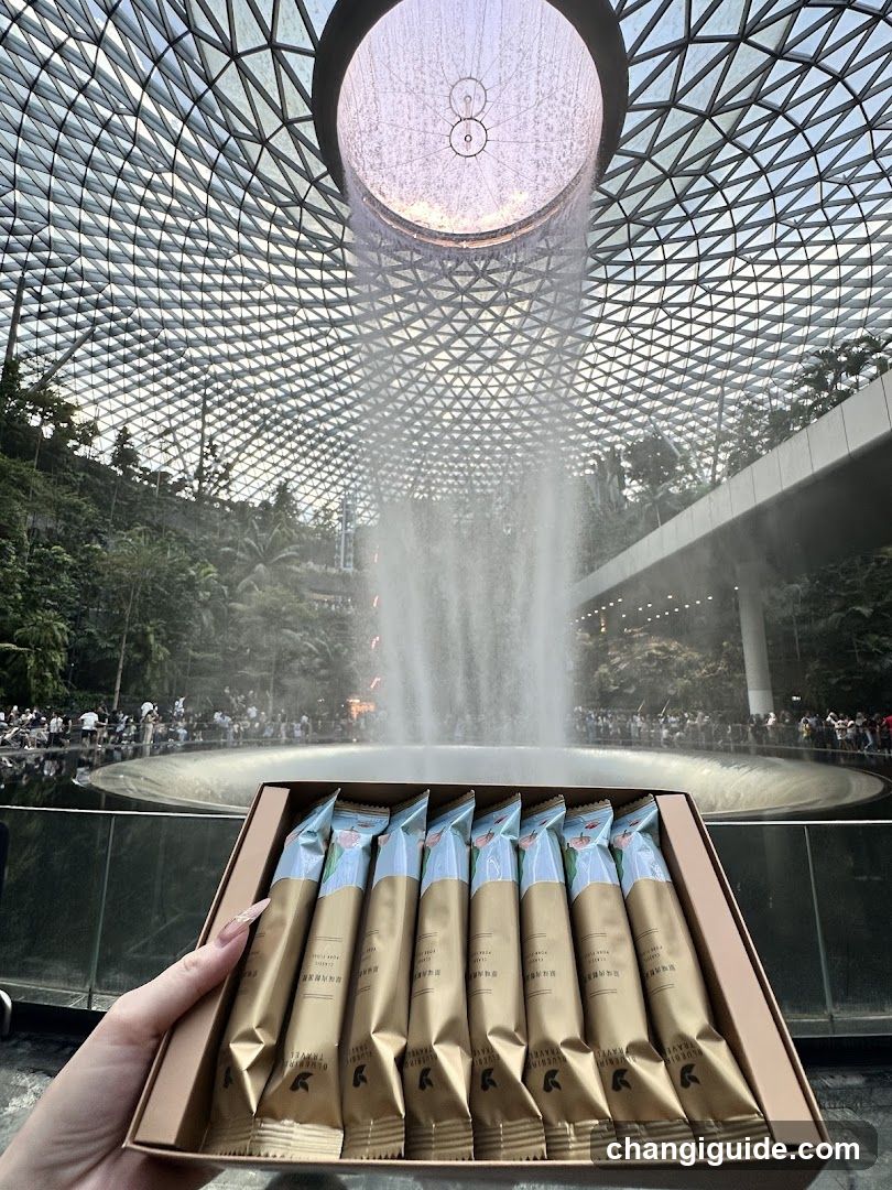 Product display in front of a large indoor waterfall
