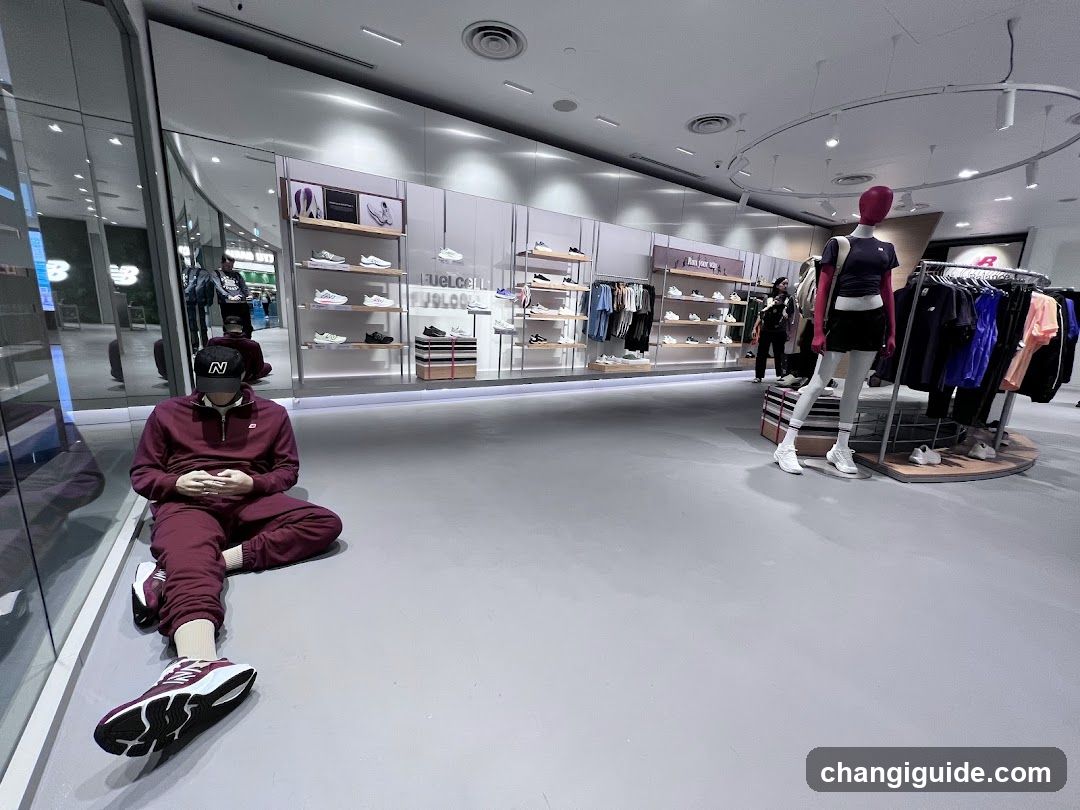 Interior of a modern retail store with mannequins and seated person