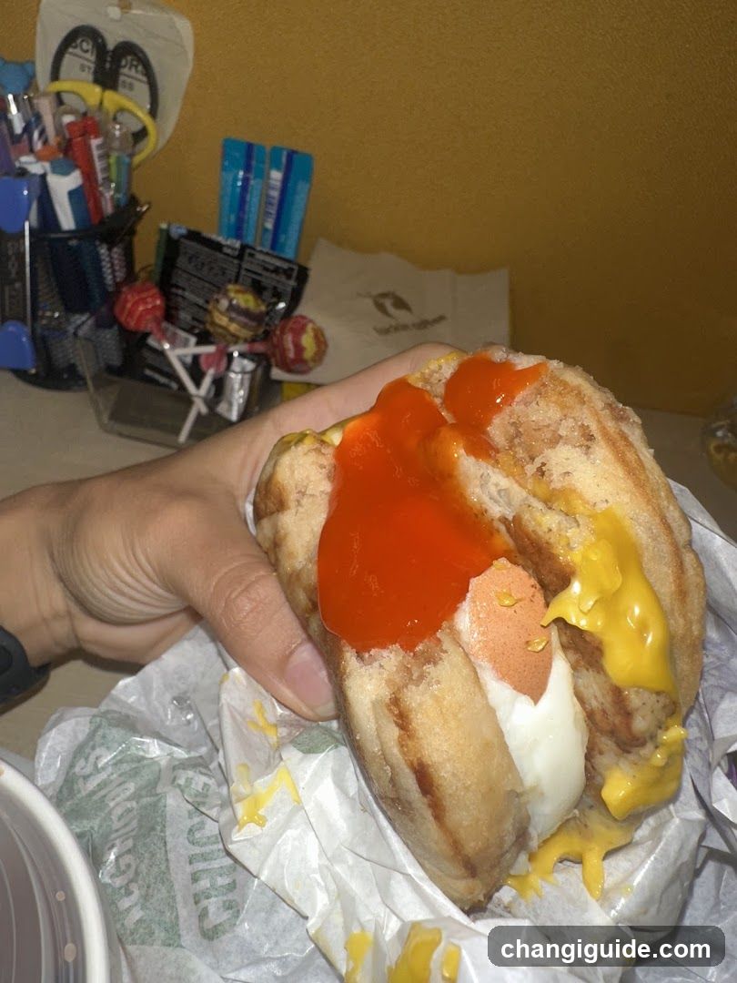 Hand holding a sandwich with sauce