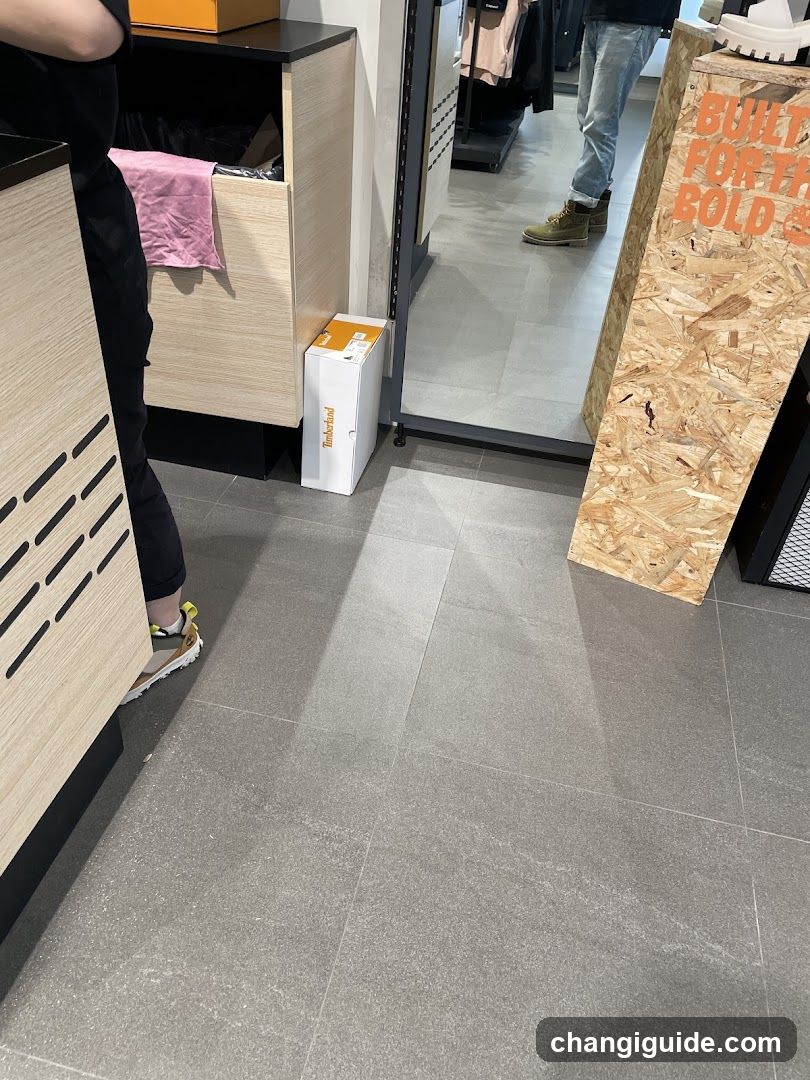 Interior of a retail store with wooden displays and shoe boxes