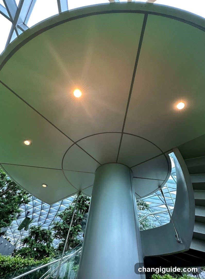 Interior of a modern building with spiral staircase and greenery