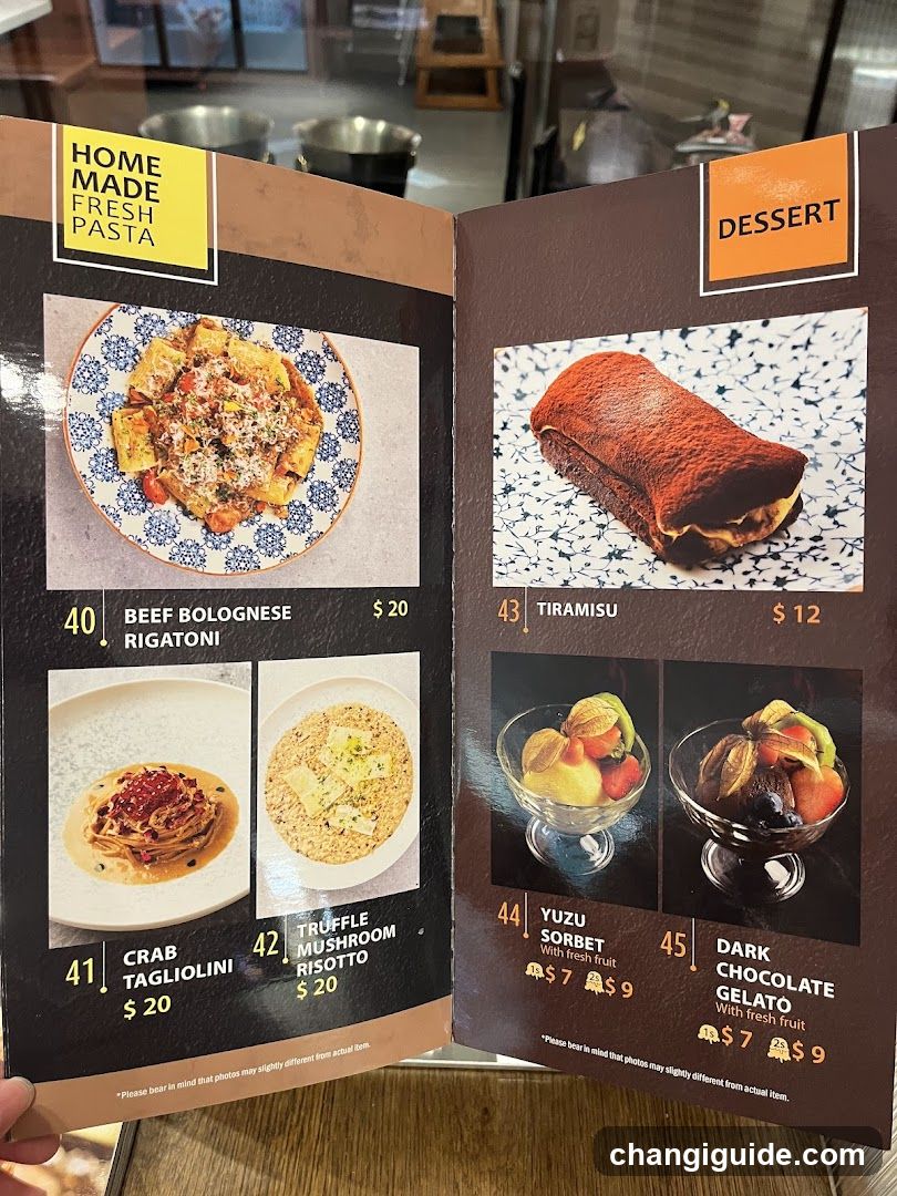 Restaurant Menu with Pasta and Dessert Sections