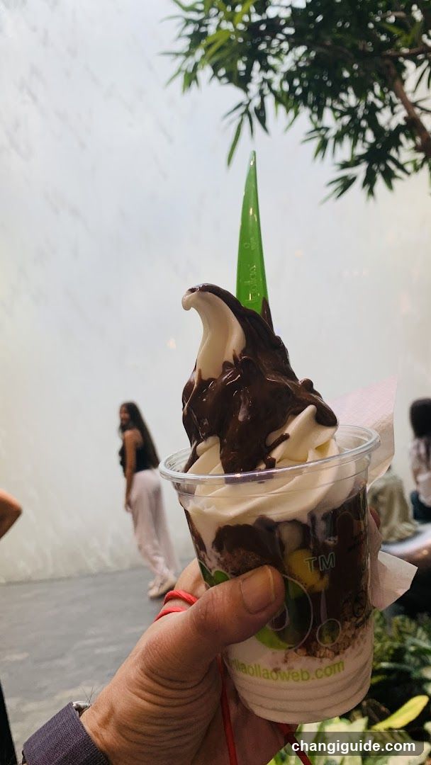 Soft-serve dessert with chocolate drizzle and green cone